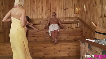 Indoor Sex addict Karina Grand rides two dicks in sauna double penetration action GP895