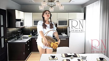 Naked-maid Cheerful maid without panties eats a lot of bananas in the dining room. ASMR 4