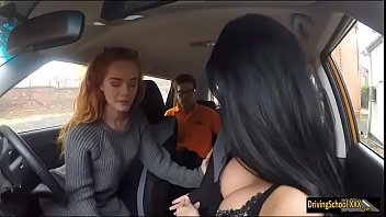 Public Redhead babe hard threesome in the car