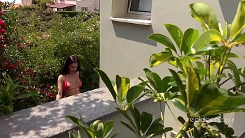 Brunette Sexy Russian babe Sasha Rose toys her asshole near the pool