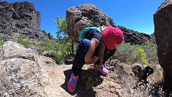 Mountains PISS PISS TRAVEL - Young girl tourist peeing in the mountains Gran Canaria. Public Canarias