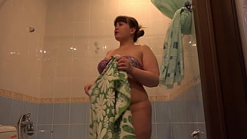 Big-butt Chubby milf with big booty showers and masturbates her hairy pussy. Do you always get excited in the bath? Home fetish.